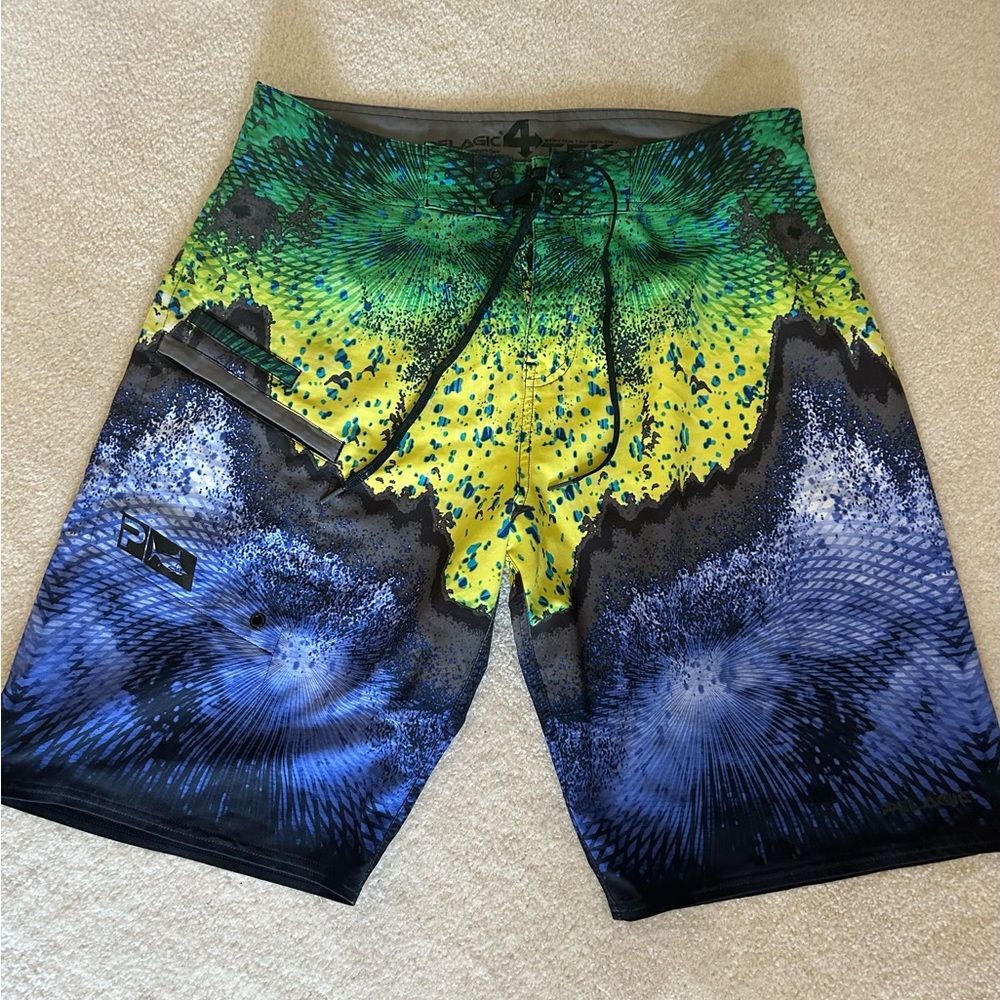 Pelagic Green and Blue Board Shorts with Nature-Inspired Design